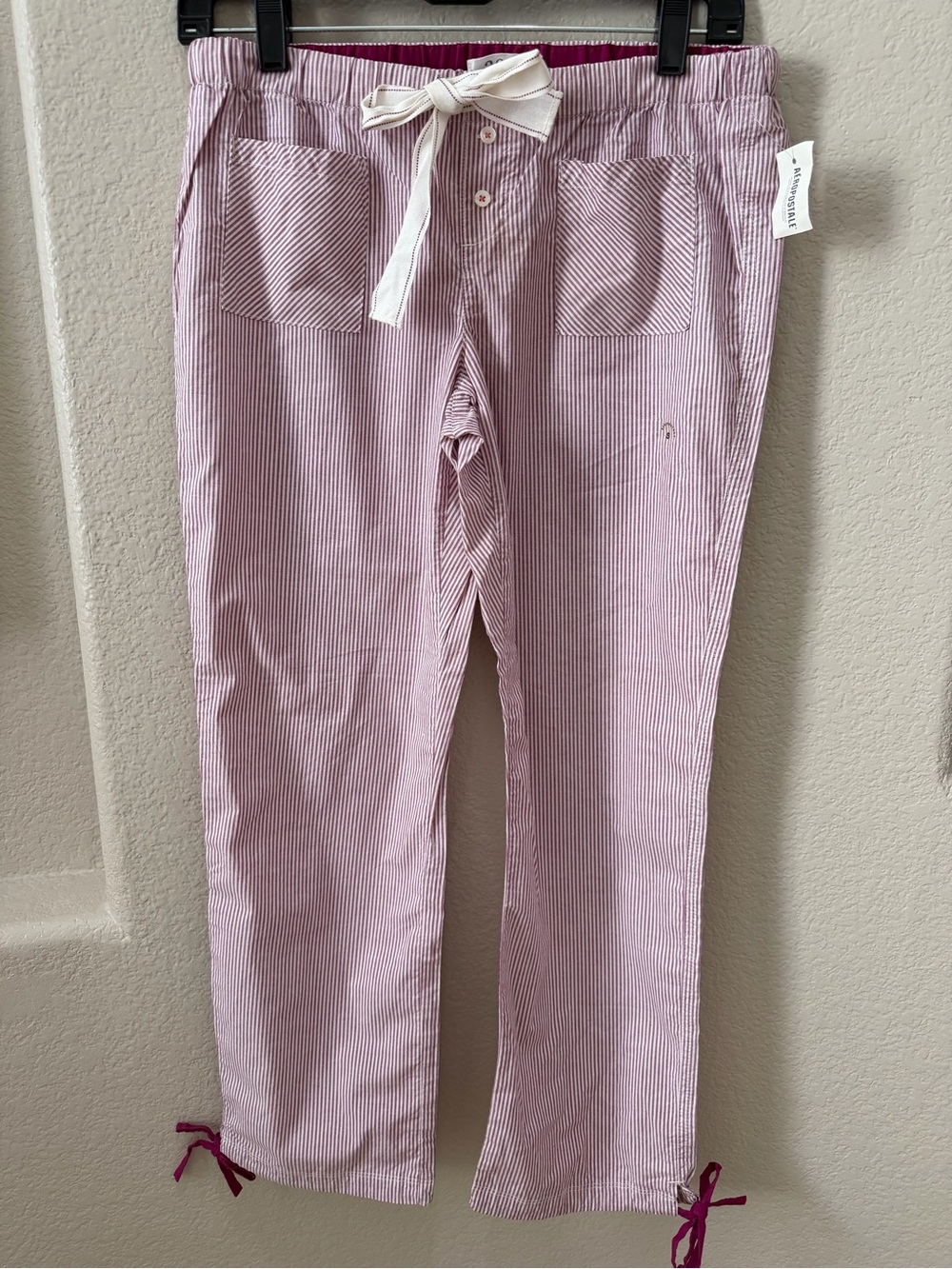 Striped Pink Drawstring Cotton Pajama Pants with Ankle Ties